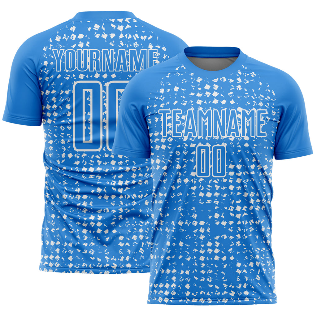 Custom Powder Blue White Digital Geometric Fragment Speckles Sublimation Soccer Uniform Jersey