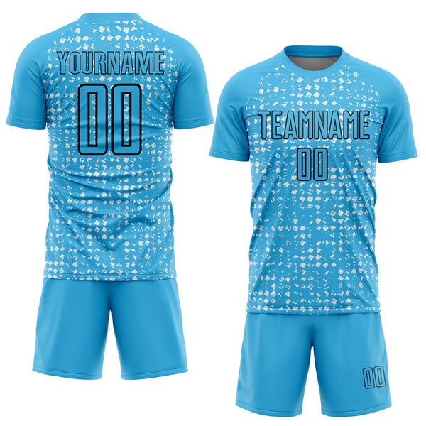 Custom Sky Blue Black-White Digital Geometric Fragment Speckles Sublimation Soccer Uniform Jersey