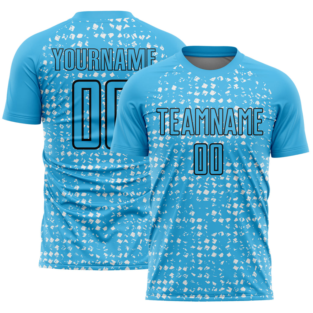 Custom Sky Blue Black-White Digital Geometric Fragment Speckles Sublimation Soccer Uniform Jersey