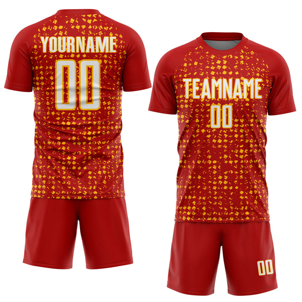 Custom Red White-Gold Digital Geometric Fragment Speckles Sublimation Soccer Uniform Jersey