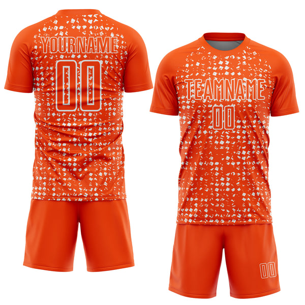 Custom Orange White Digital Geometric Fragment Speckles Sublimation Soccer Uniform Jersey