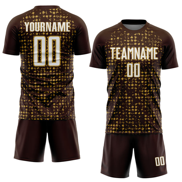 Custom Brown White-Old Gold Digital Geometric Fragment Speckles Sublimation Soccer Uniform Jersey