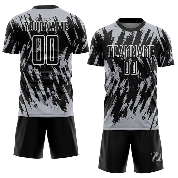 Custom Black Gray-White Splatter Torn Sharp Brush Stroke Sublimation Soccer Uniform Jersey