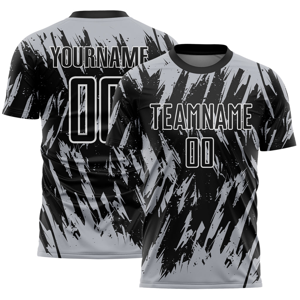 Custom Black Gray-White Splatter Torn Sharp Brush Stroke Sublimation Soccer Uniform Jersey