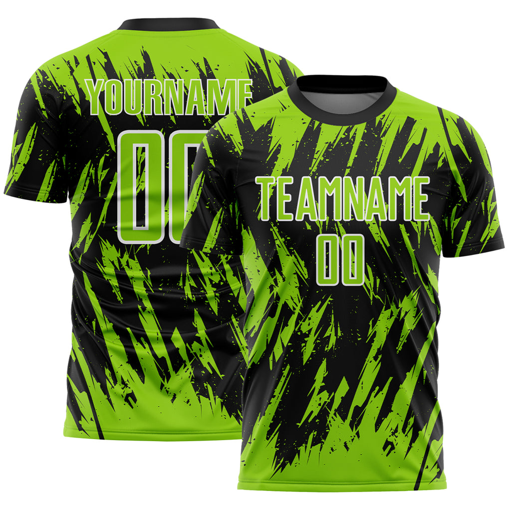 Custom Black Neon Green-White Splatter Torn Sharp Brush Stroke Sublimation Soccer Uniform Jersey