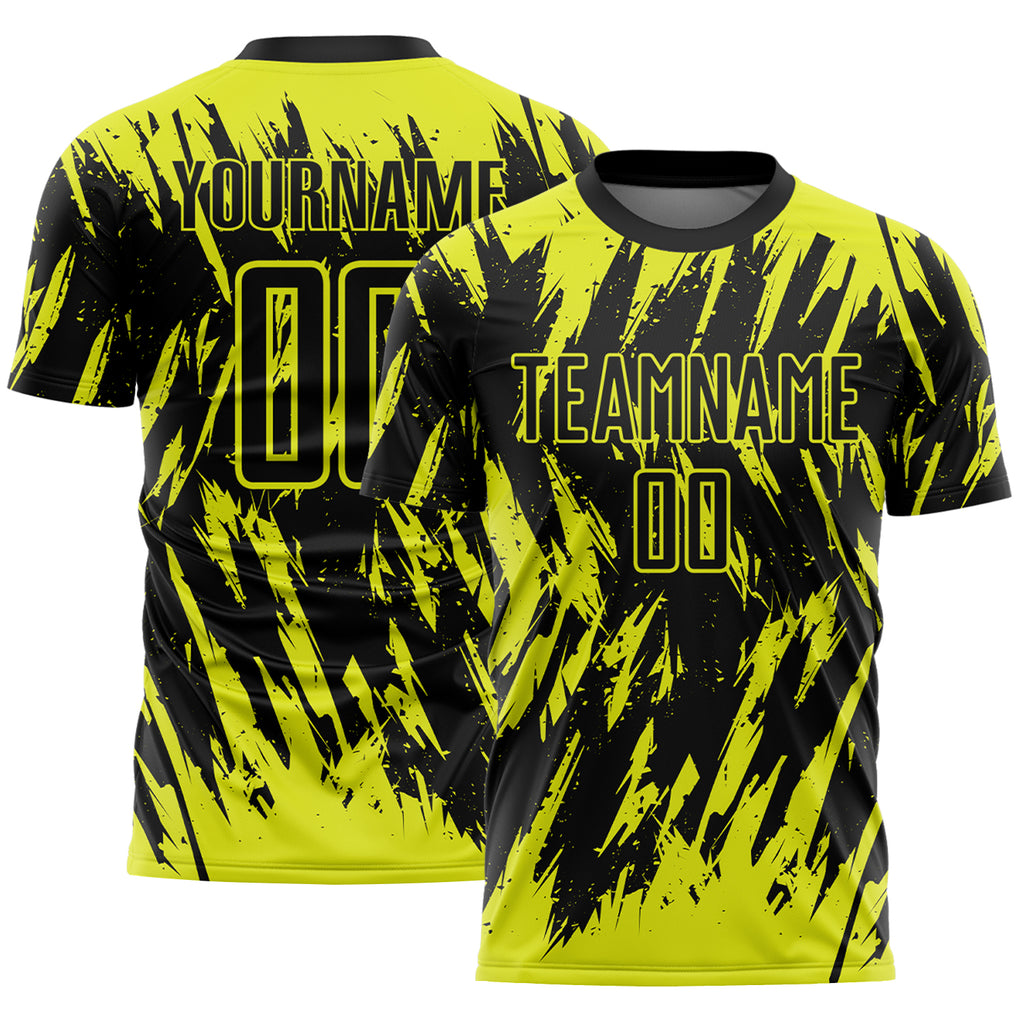Custom Black-Neon Yellow Splatter Torn Sharp Brush Stroke Sublimation Soccer Uniform Jersey