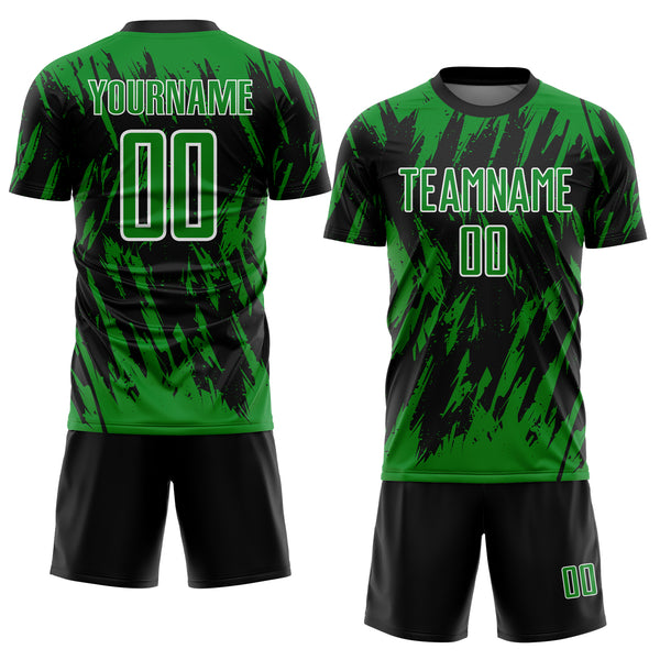 Custom Black Grass Green-White Splatter Torn Sharp Brush Stroke Sublimation Soccer Uniform Jersey