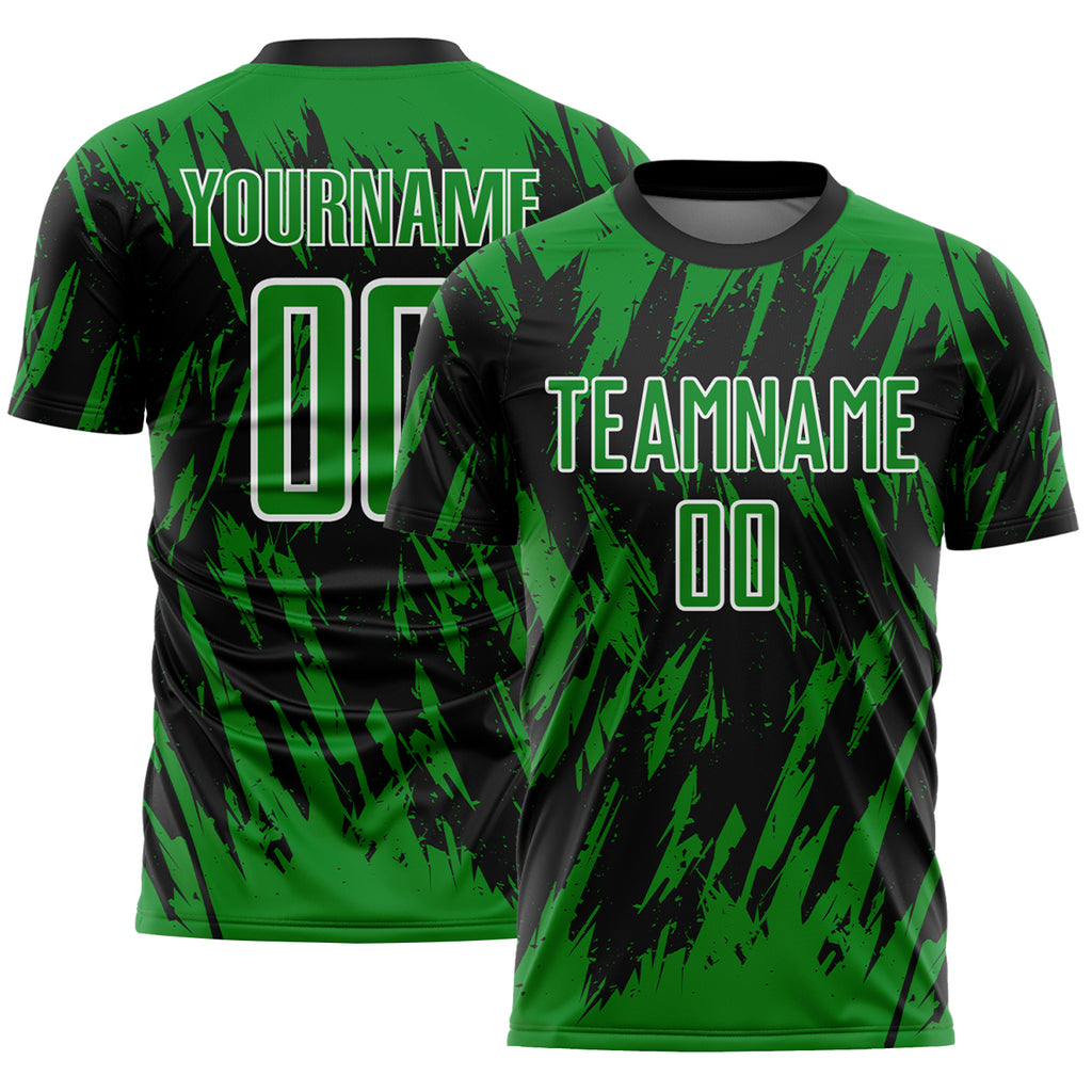 Custom Black Grass Green-White Splatter Torn Sharp Brush Stroke Sublimation Soccer Uniform Jersey