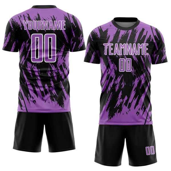 Custom Black Medium Purple-White Splatter Torn Sharp Brush Stroke Sublimation Soccer Uniform Jersey