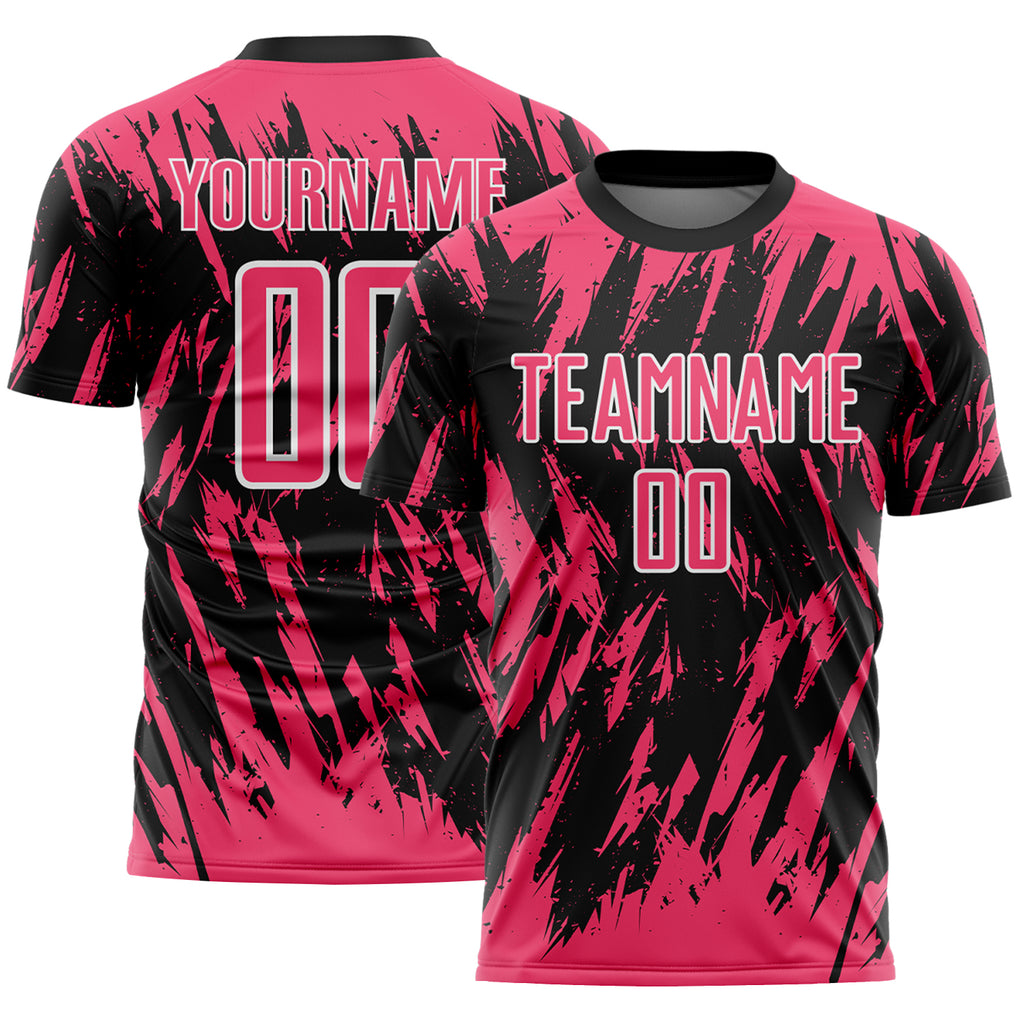 Custom Black Neon Pink-White Splatter Torn Sharp Brush Stroke Sublimation Soccer Uniform Jersey