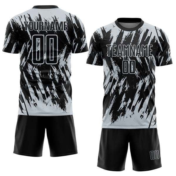 Custom Black-Silver Splatter Torn Sharp Brush Stroke Sublimation Soccer Uniform Jersey