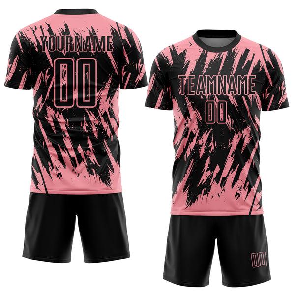 Custom Black-Medium Pink Splatter Torn Sharp Brush Stroke Sublimation Soccer Uniform Jersey
