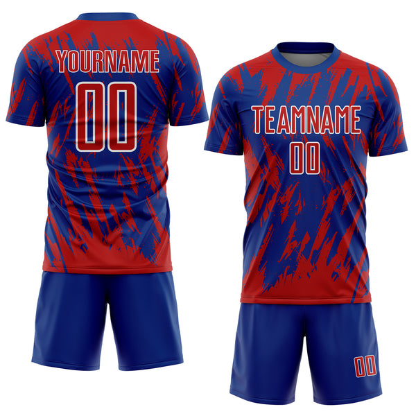 Custom Royal Red-White Splatter Torn Sharp Brush Stroke Sublimation Soccer Uniform Jersey
