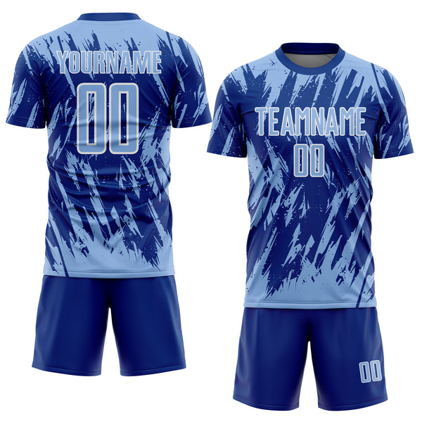 Custom Royal Light Blue-White Splatter Torn Sharp Brush Stroke Sublimation Soccer Uniform Jersey