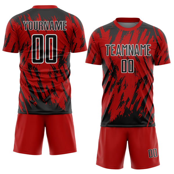 Custom Red Black-White Splatter Torn Sharp Brush Stroke Sublimation Soccer Uniform Jersey