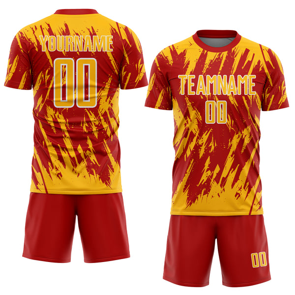 Custom Red Gold-White Splatter Torn Sharp Brush Stroke Sublimation Soccer Uniform Jersey