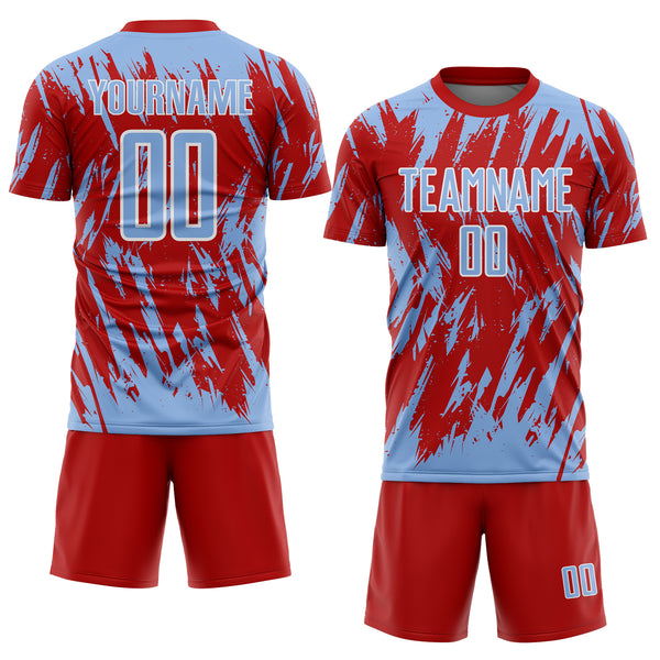 Custom Red Light Blue-White Splatter Torn Sharp Brush Stroke Sublimation Soccer Uniform Jersey