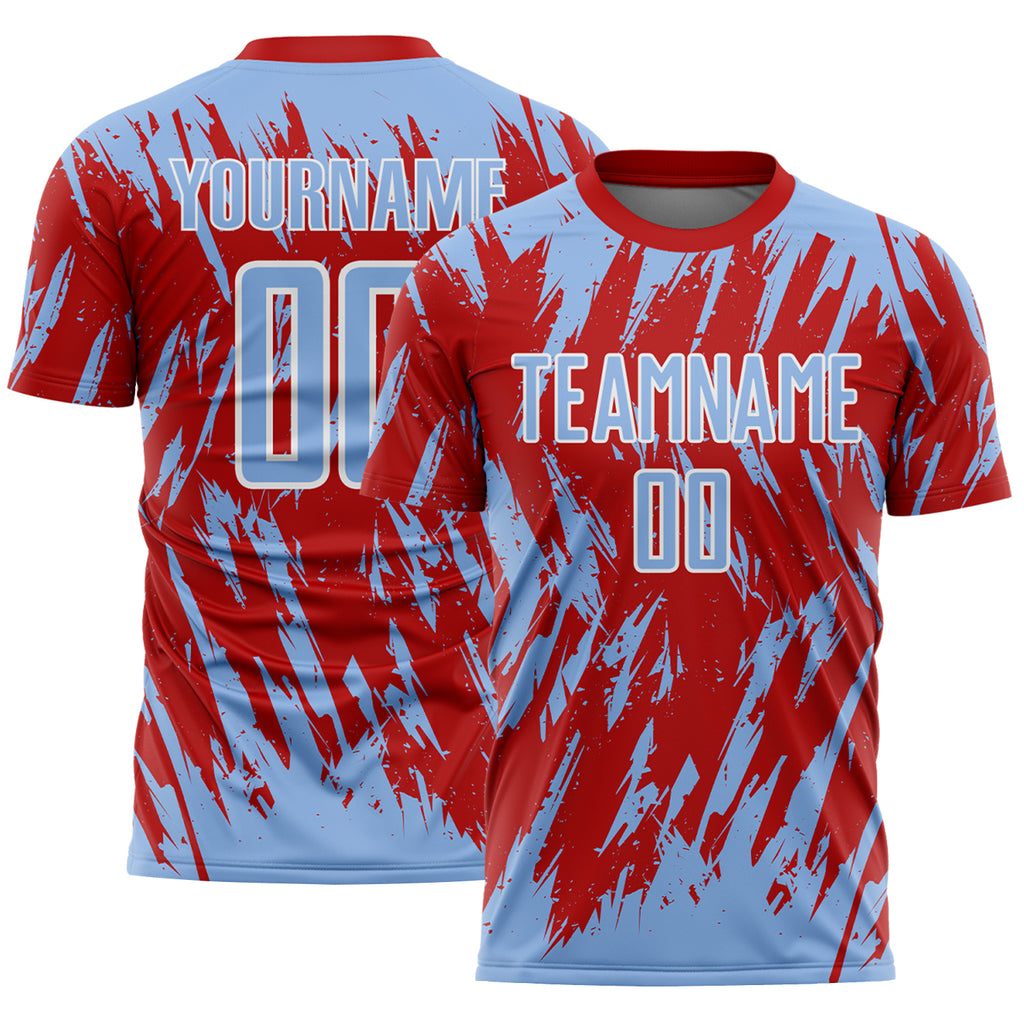 Custom Red Light Blue-White Splatter Torn Sharp Brush Stroke Sublimation Soccer Uniform Jersey