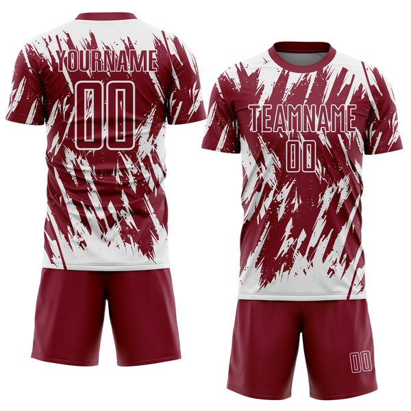 Custom Crimson-White Splatter Torn Sharp Brush Stroke Sublimation Soccer Uniform Jersey