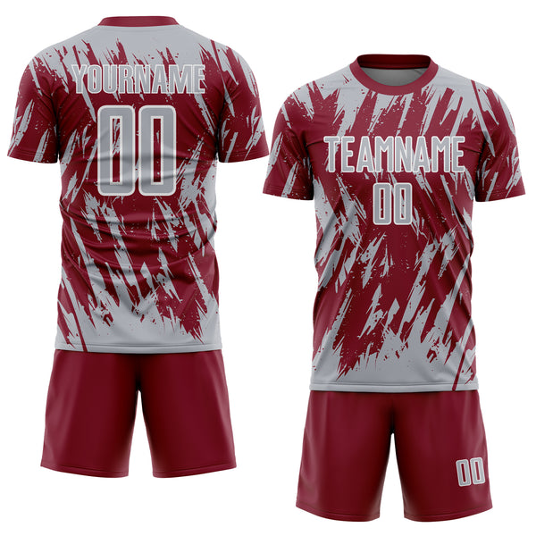 Custom Crimson Gray-White Splatter Torn Sharp Brush Stroke Sublimation Soccer Uniform Jersey