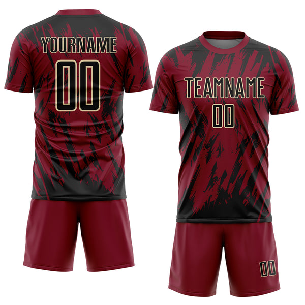 Custom Crimson Black-Cream Splatter Torn Sharp Brush Stroke Sublimation Soccer Uniform Jersey