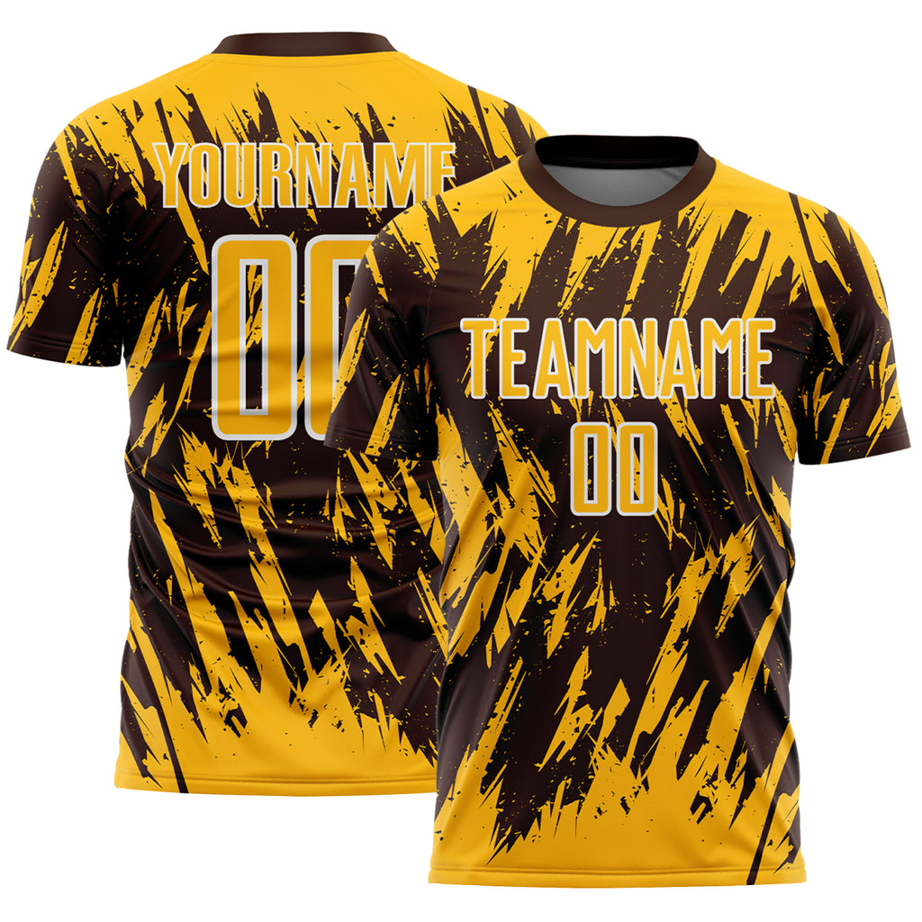 Custom Brown Gold-White Splatter Torn Sharp Brush Stroke Sublimation Soccer Uniform Jersey