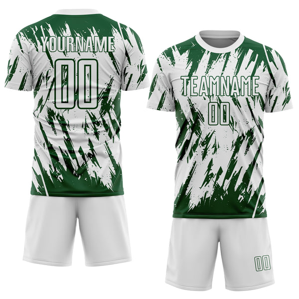 Custom White-Green Splatter Torn Sharp Brush Stroke Sublimation Soccer Uniform Jersey