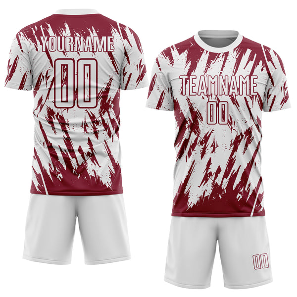 Custom White-Crimson Splatter Torn Sharp Brush Stroke Sublimation Soccer Uniform Jersey