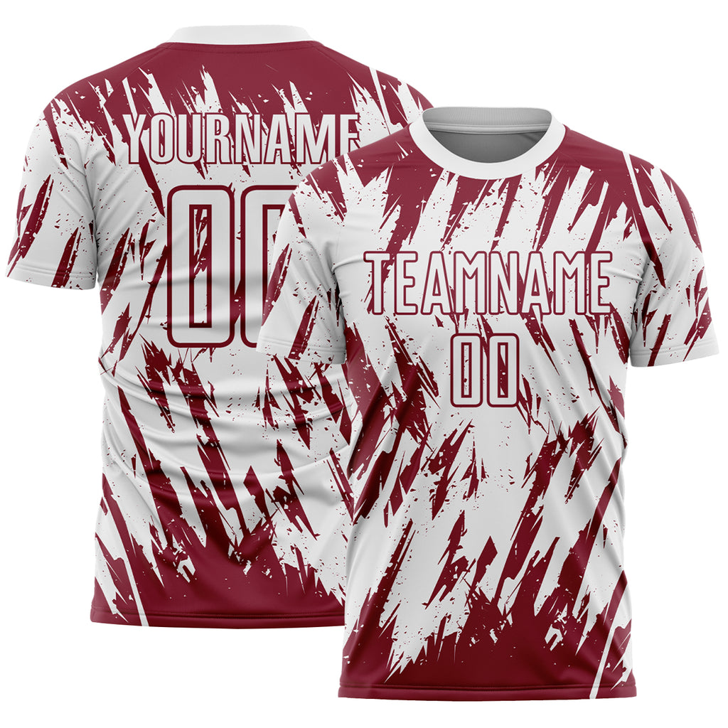 Custom White-Crimson Splatter Torn Sharp Brush Stroke Sublimation Soccer Uniform Jersey