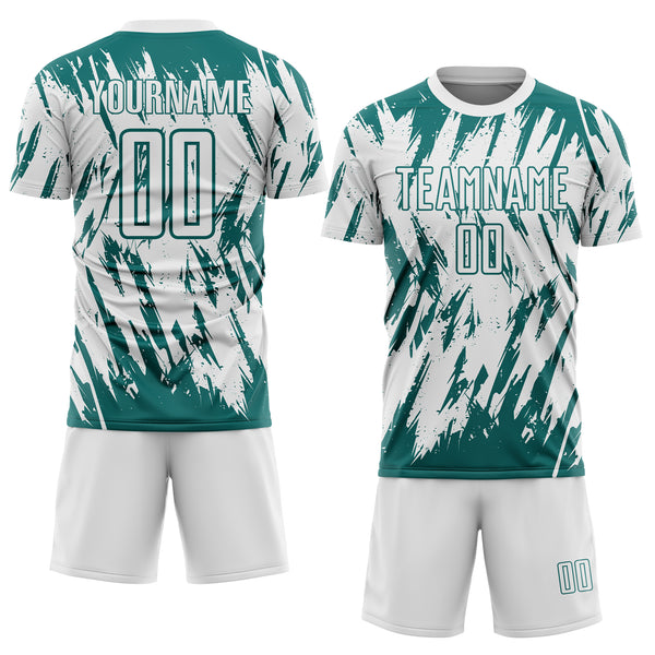Custom White-Teal Splatter Torn Sharp Brush Stroke Sublimation Soccer Uniform Jersey