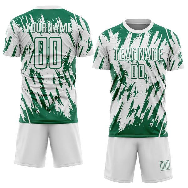 Custom White-Kelly Green Splatter Torn Sharp Brush Stroke Sublimation Soccer Uniform Jersey