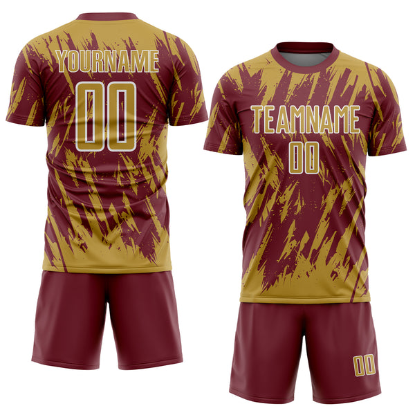 Custom Burgundy Old Gold-White Splatter Torn Sharp Brush Stroke Sublimation Soccer Uniform Jersey