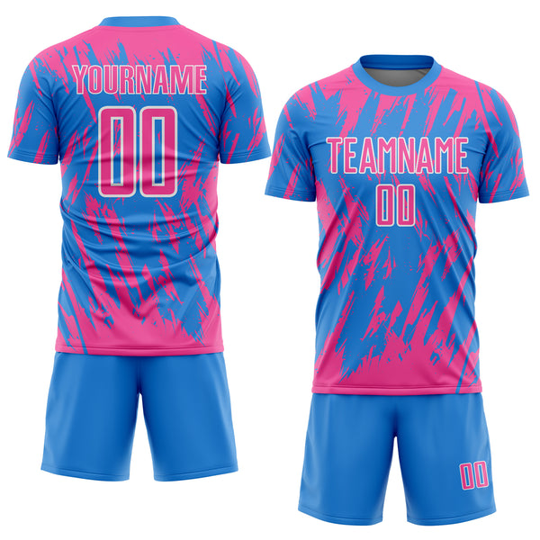 Custom Powder Blue Pink-White Splatter Torn Sharp Brush Stroke Sublimation Soccer Uniform Jersey