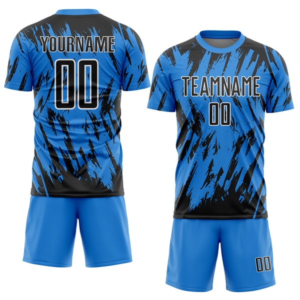 Custom Powder Blue Black-White Splatter Torn Sharp Brush Stroke Sublimation Soccer Uniform Jersey