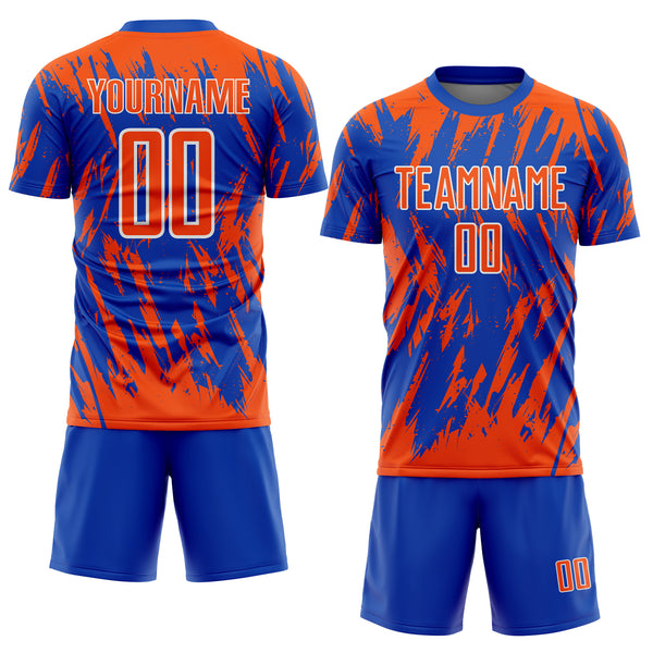Custom Thunder Blue Orange-White Splatter Torn Sharp Brush Stroke Sublimation Soccer Uniform Jersey