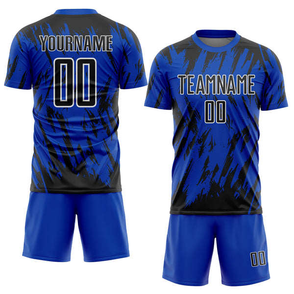 Custom Thunder Blue Black-White Splatter Torn Sharp Brush Stroke Sublimation Soccer Uniform Jersey
