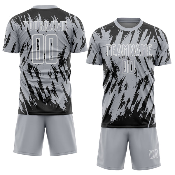 Custom Gray Black-White Splatter Torn Sharp Brush Stroke Sublimation Soccer Uniform Jersey