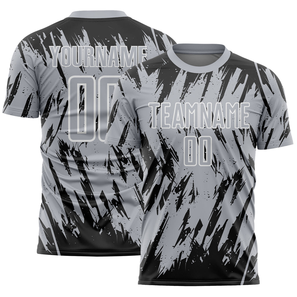Custom Gray Black-White Splatter Torn Sharp Brush Stroke Sublimation Soccer Uniform Jersey
