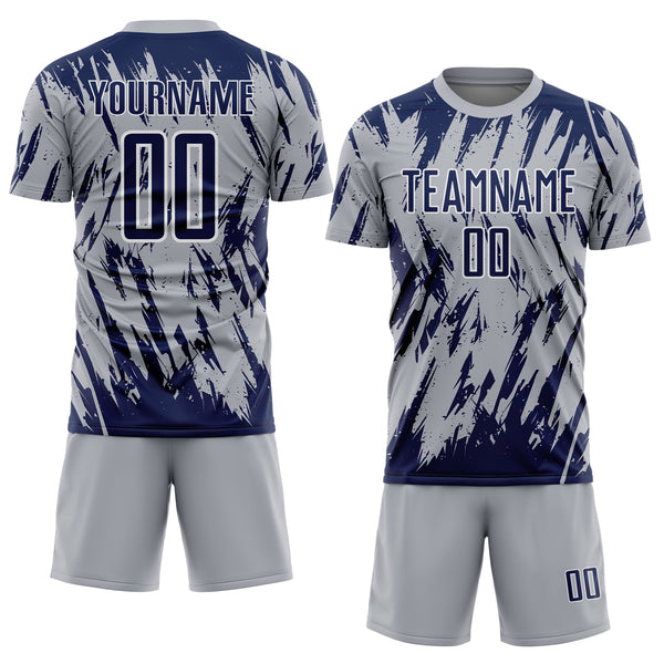 Custom Gray Navy-White Splatter Torn Sharp Brush Stroke Sublimation Soccer Uniform Jersey