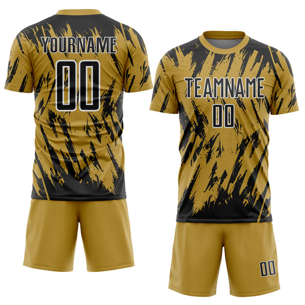 Custom Old Gold Black-White Splatter Torn Sharp Brush Stroke Sublimation Soccer Uniform Jersey