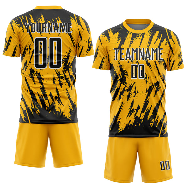 Custom Gold Black-White Splatter Torn Sharp Brush Stroke Sublimation Soccer Uniform Jersey