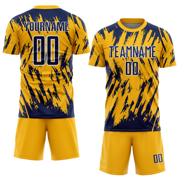 Custom Gold Navy-White Splatter Torn Sharp Brush Stroke Sublimation Soccer Uniform Jersey