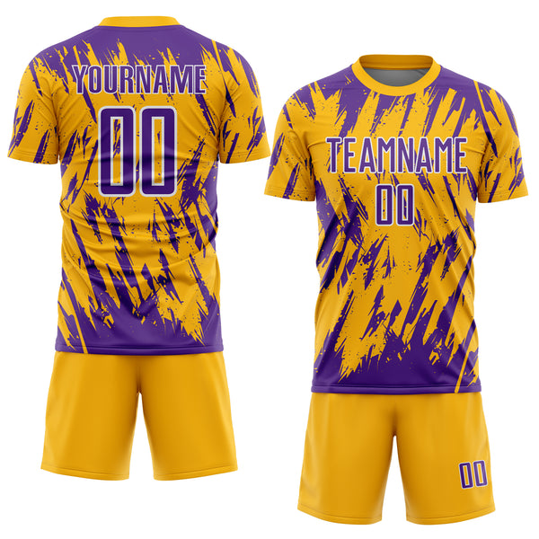 Custom Gold Purple-White Splatter Torn Sharp Brush Stroke Sublimation Soccer Uniform Jersey