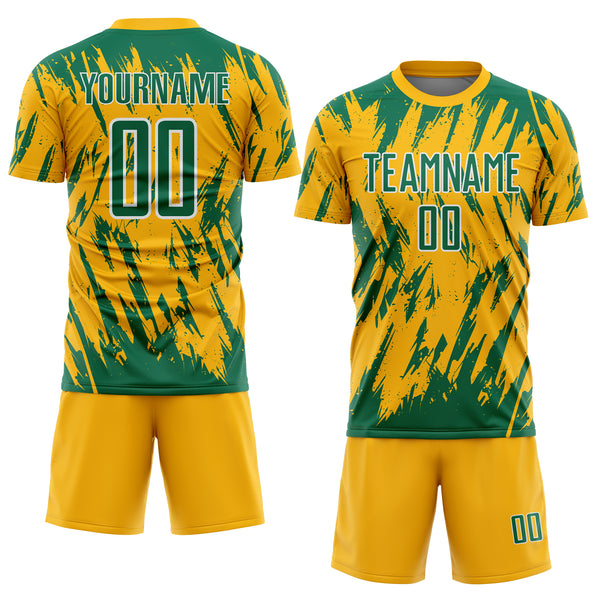 Custom Gold Kelly Green-White Splatter Torn Sharp Brush Stroke Sublimation Soccer Uniform Jersey