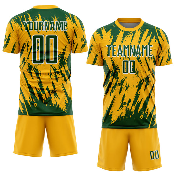 Custom Gold Green-White Splatter Torn Sharp Brush Stroke Sublimation Soccer Uniform Jersey