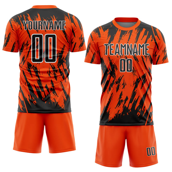 Custom Orange Black-White Splatter Torn Sharp Brush Stroke Sublimation Soccer Uniform Jersey
