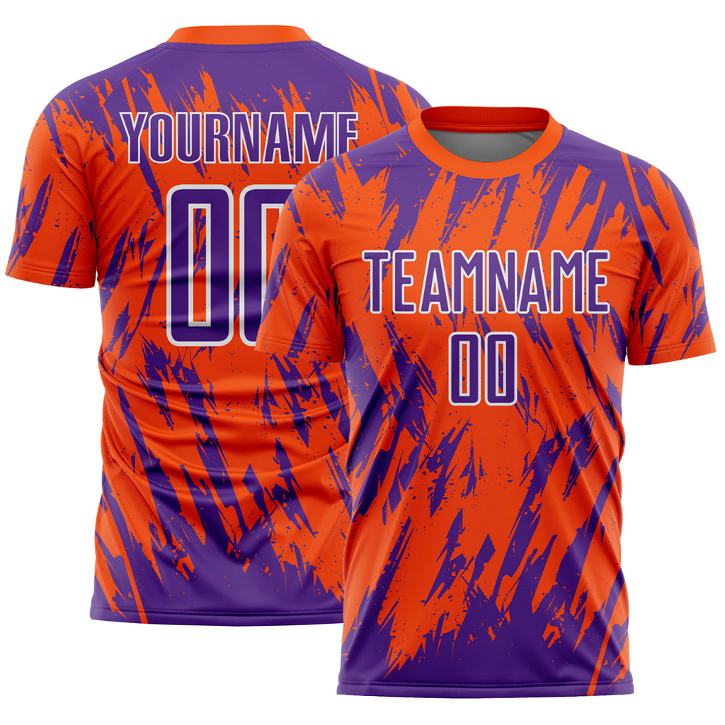 Custom Orange Purple-White Splatter Torn Sharp Brush Stroke Sublimation Soccer Uniform Jersey