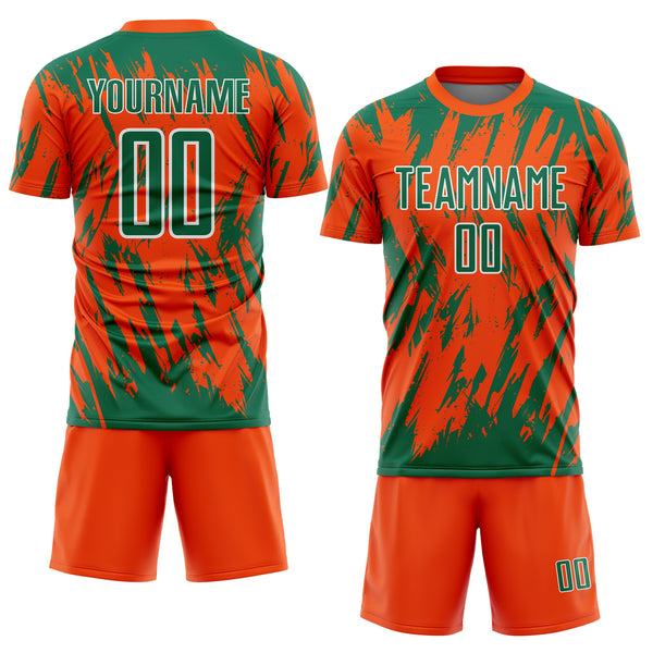 Custom Orange Kelly Green-White Splatter Torn Sharp Brush Stroke Sublimation Soccer Uniform Jersey