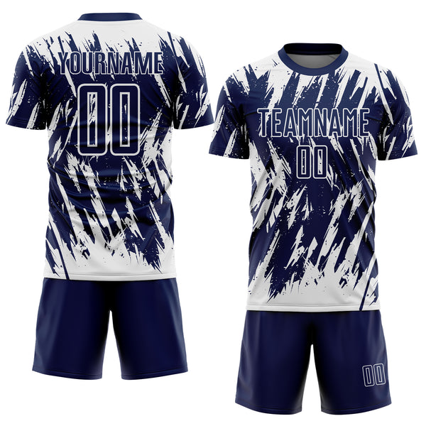 Custom Navy-White Splatter Torn Sharp Brush Stroke Sublimation Soccer Uniform Jersey