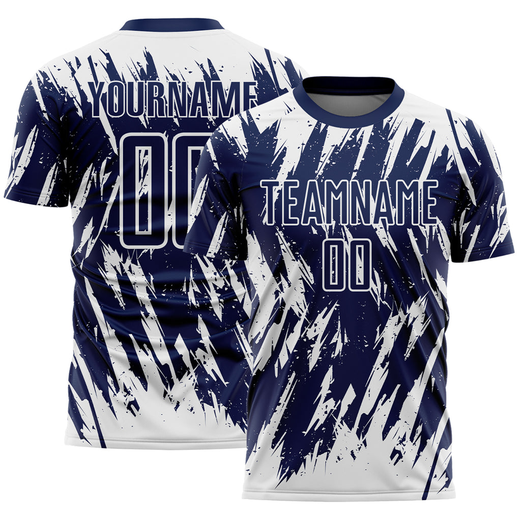 Custom Navy-White Splatter Torn Sharp Brush Stroke Sublimation Soccer Uniform Jersey